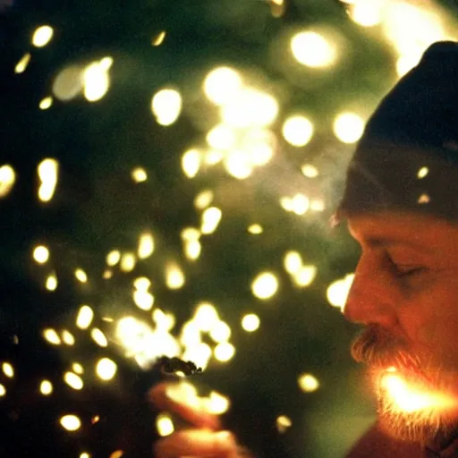 Prompt: man sitting on park bench on christmas eve smoking cigarette. cigarette glowing embers smoke volumetric c4d. harsh lighting, live action photo 1993 film. bokeh Christmas lights in the background