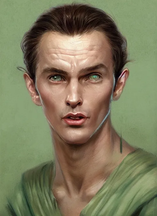 Image similar to a spiritual man in his twenties smirking with medium light brown hair tied back, light green eyes, a large forehead, a widows peak and a round face with high cheekbones and full lips as a realistic d & d fantasy character, portrait art by donato giancola and greg rutkowski, vintage retro, realistic face, digital art, trending on artstation