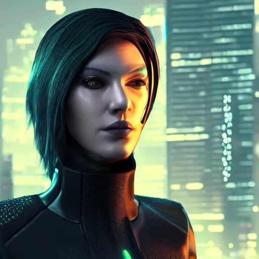 Image similar to female cyberpunk rogue, 4 k render, concept art, octane render