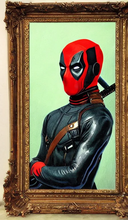 Image similar to oil painting of victorian deadpool created by james jean, vincent van gogh, michaelangelo, fantasy, portrait, highly detailed, large brush strokes