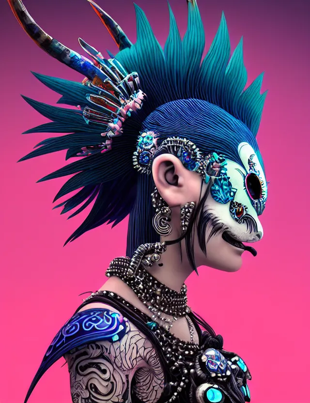 Image similar to 3 d photo realistic goddess close - up profile portrait punk with mohawk with ram skull. beautiful intricately detailed japanese crow kitsune mask and clasical japanese kimono. betta fish, jellyfish phoenix, bio luminescent, plasma, ice, water, wind, creature, artwork by tooth wu and wlop and beeple and greg rutkowski