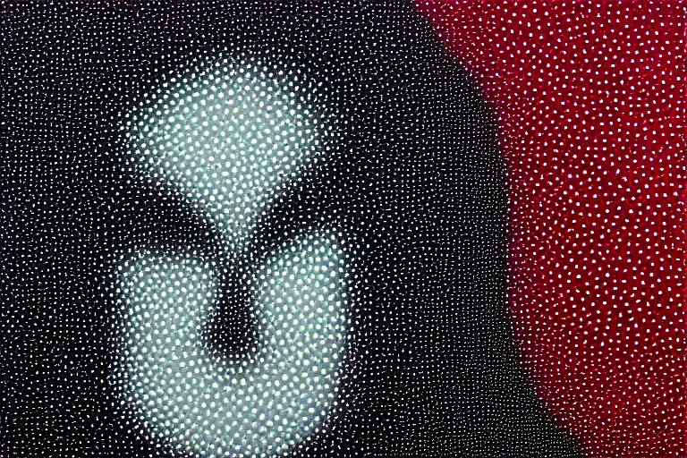 Image similar to face made out of mist, faceless people dark, dots, drip, stipple, pointillism, technical, abstract, minimal, style of francis bacon, asymmetry, pulled apart, cloak, hooded figure, made of dots, abstract, balaclava