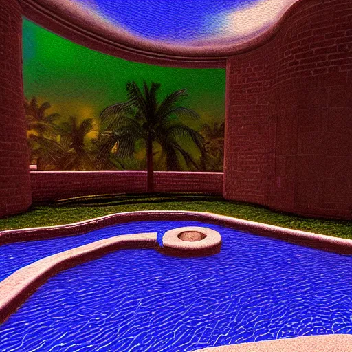 Image similar to Palace of the chalice, refracted sparkles, motion blur, ps1 videogame, thunderstorm, greek pool, beach and Tropical vegetation, 2005 game, moldy screenshot