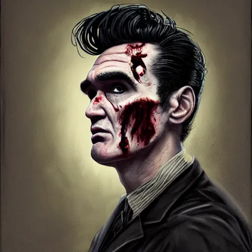 Image similar to portrait of a handsome morrissey as a zombie with a large quiff and thick eyebrows, 7 days to die zombie, fine art, award winning, intricate, elegant, sharp focus, cinematic lighting, digital painting, 8 k concept art, art by z. w. gu, art by brom, art by michael hussar, 8 k