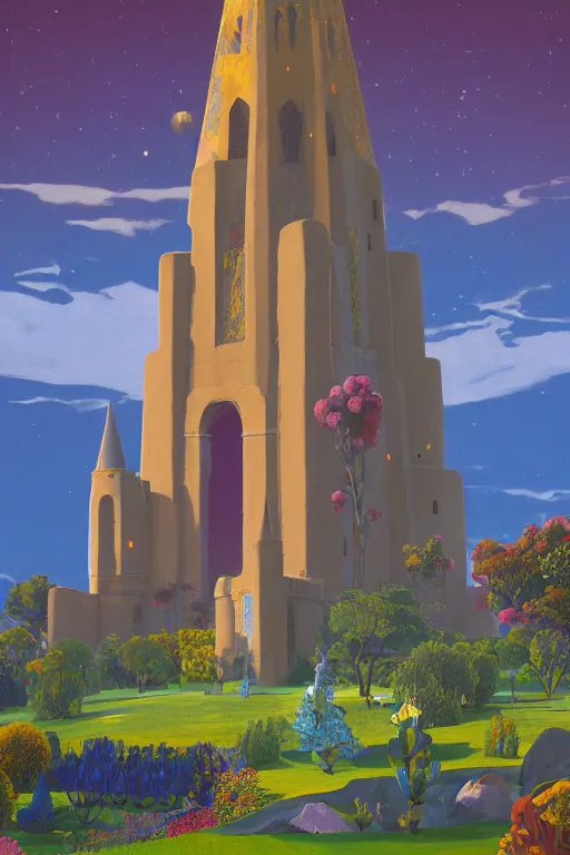 Image similar to distance view of the painted tower of the moon in its gardens fairytale illustration, tall windows, beautiful tilework, dramatic cinematic lighting, rich colors, golden age illustration, by Nicholas Roerich and Ludwig Deutsch and and Sylvain Sarrailh and April Gornik ,unreal engine