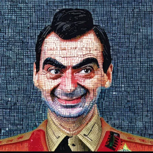 Image similar to a Soviet mosaic of Mr. Bean in military uniform