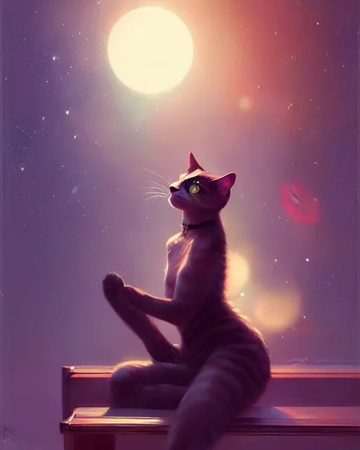 Image similar to a potrait of a space fanstasy cat, fine details. night setting. realistic shaded lighting poster by ilya kuvshinov katsuhiro, artgerm, jeremy lipkin and michael garmash, unreal engine, radiant light, detailed and intricate environment, digital art, trending on art station