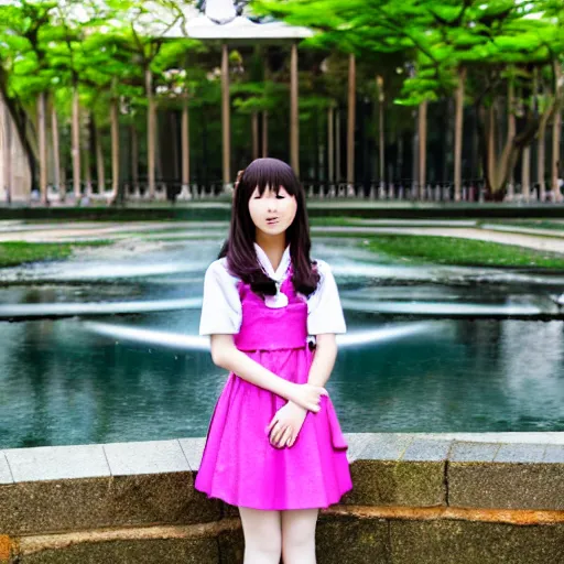 Prompt: a full body portrait of a young Japanese maid standing in front of a fountain in a park, 8k, cinematic, photo taken with Sony a7R camera, by William-Adolphe