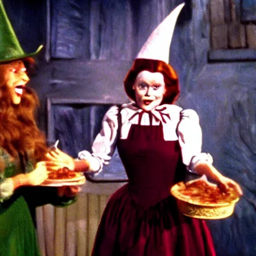 Image similar to the wicked witch of the west serving pies, wizard of oz, movie, photography,