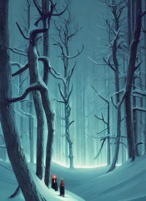 Image similar to a snow dark forest with glowing elves by Edward Hopper and James Gilleard, Zdzislaw Beksinski highly detailed