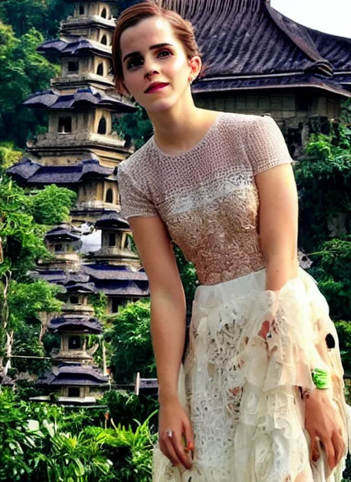 Prompt: emma watson wearing kebaya bali in bali. temple background. front view. instagram holiday photo shoot, perfect faces, beautiful