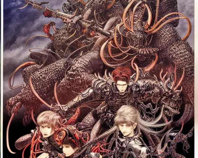 Prompt: hyper detailed illustration of an army of demons, intricate linework, lighting poster by moebius, ayami kojima, 90's anime, retro fantasy