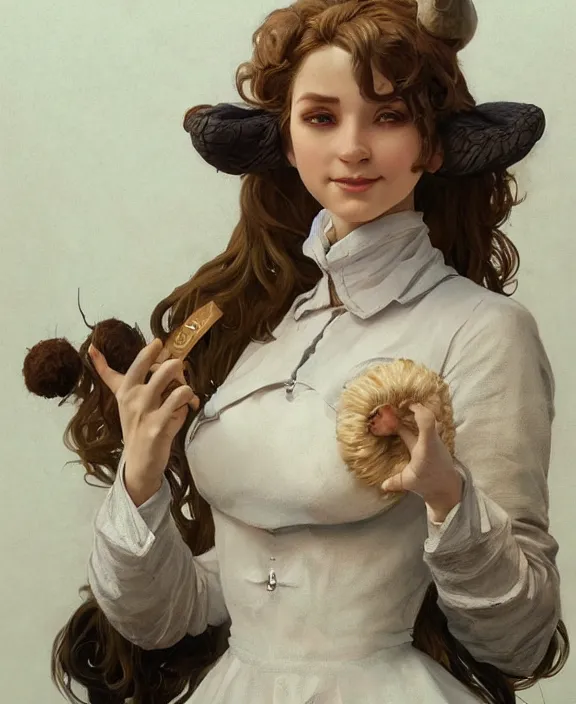 Image similar to female anthropomorphic sheep in maid outfit, realistic portrait, highly detailed, digital painting, artstation, concept art, smooth, sharp focus, illustration, cinematic lighting, art by artgerm and greg rutkowski and alphonse mucha and boris vallejo and frank frazetta