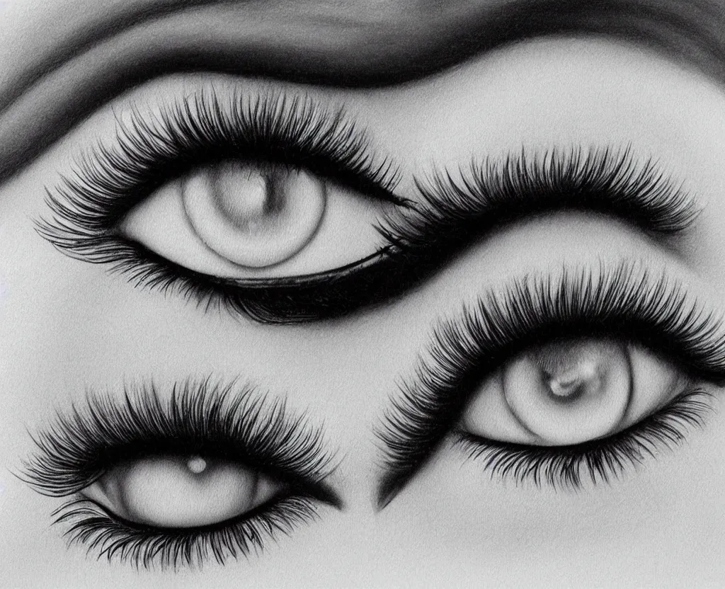 Image similar to realistic and detailed soft airbrush of female eye with eyeliner and long lashes on white background, inspired by 8 0's airbrush illustrations, art by masao saito