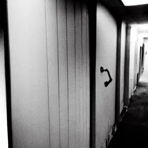 Prompt: creepy backrooms, abomination from hell in the hall, horror image, cctv footage, black and white, grayscale