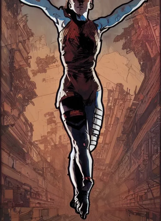 Image similar to cyberpunk gymnast. portrait by ashley wood and alphonse mucha and laurie greasley and josan gonzalez and james gurney. splinter cell, apex legends, rb 6 s, hl 2, d & d, cyberpunk 2 0 7 7. realistic face. character clothing. vivid color. dystopian setting.