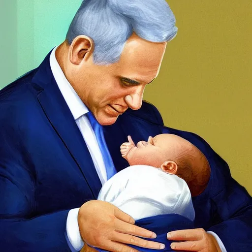Prompt: benjamin netanyahu as a baby being breast fed by yair lapid. digital painting, high detail, 8 k, film still