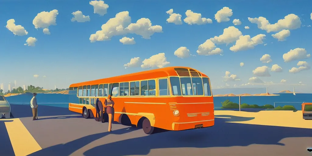 Image similar to a gigantic crab attacks a bus, blue sky, summer evening, kenton nelson