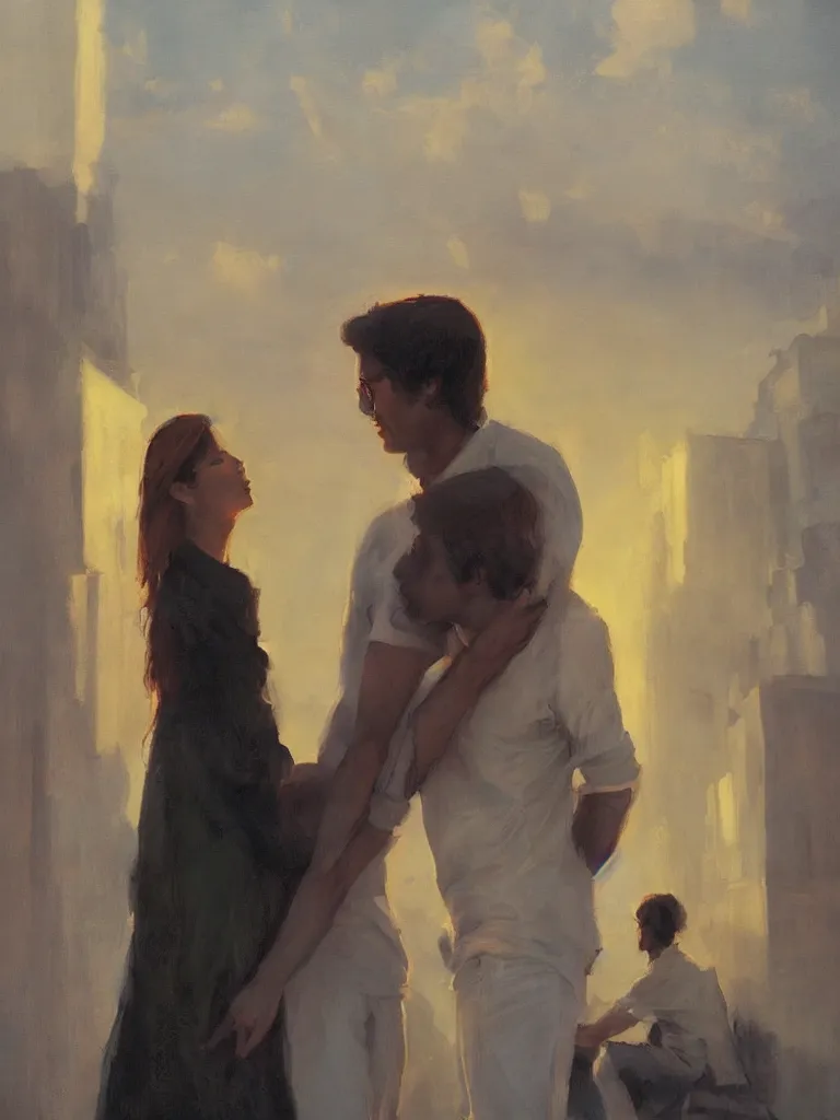 Image similar to masterpiece painting by salman toor, of a solo individual portrait of a guy and a girl kissing, cinematic light, renaissance, atmospheric effects, artstation