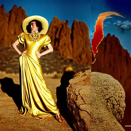 Image similar to salvador dali wearing a golden dress with jewels in a dry rocky desert landscape, visible sky and sunny atmosphere, film still from the movie by alejandro jodorowsky with cinematogrophy of christopher doyle and art direction by hans giger, anamorphic lens, kodakchrome, very detailed photo, 8 k