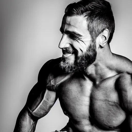 Prompt: black and white photography of a very muscular man smiling with a chiseled jawline and trimmed beard