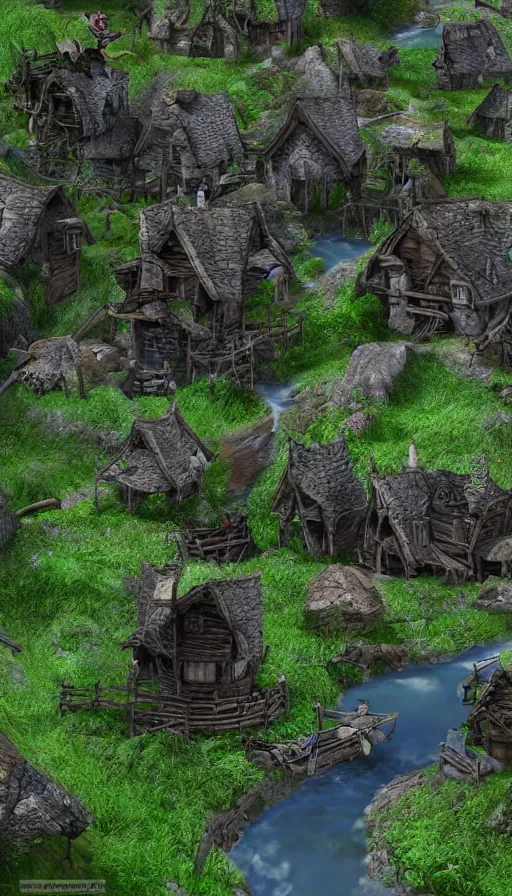 Prompt: a goblin village near a river, photorealistic, 8k, high detail, high quality, dramatic lighting, HDR