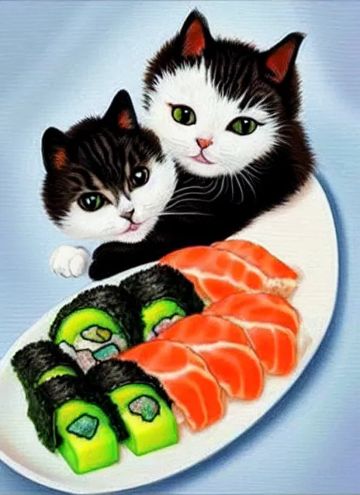 Image similar to clear photorealistic picture of adorable cats made out of sushi