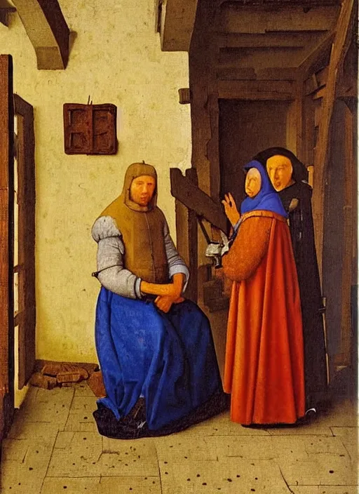 Image similar to medieval forge, medieval painting by Jan van Eyck, Johannes Vermeer, Florence