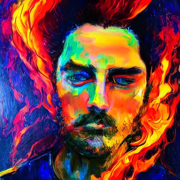 Prompt: abstract painting of man on fire. Handsome. Long hair. portrait. ArtStation. Impressionist. Psychedelic