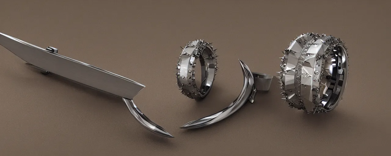 Image similar to tungsten ring with spikes, ring, steel, sword, crystals, smooth shank, engravings, product design, jewelry, art by gerald brom, greg rutkowski and artgerm and james jean and zdzisław beksinski, 8 k, unreal engine, c 4 d