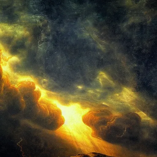 Prompt: armageddon in the year 2 0 3 2 as a rembrandt painting in 4 k on display within a 8 k tlevision