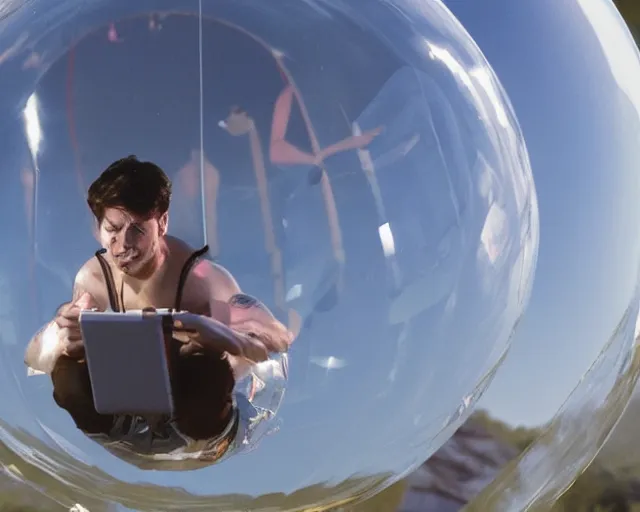 Prompt: filthy gamer floating gently down from the sky in a plastic wrapped bubble. aerial footage. he is wearing a gameboy on his hands.