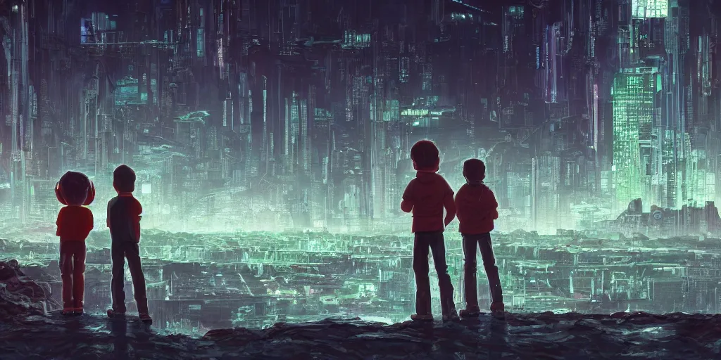 Prompt: highly detailed cell - shaded cartoon landscape with two boys looking at a miniature alien creature 1 9 8 0 s science fiction, 1 9 7 0 s science fiction, cyberpunk, moody, misty, depth perception, 4 k, artstation, in the style of studio ghibli
