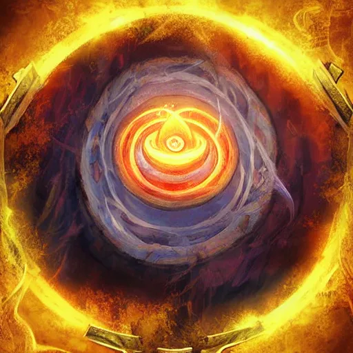 Prompt: giant eye magic spell, magic spell surrounded by magic smoke, floating cards, hearthstone coloring style, epic fantasy style art, fantasy epic digital art