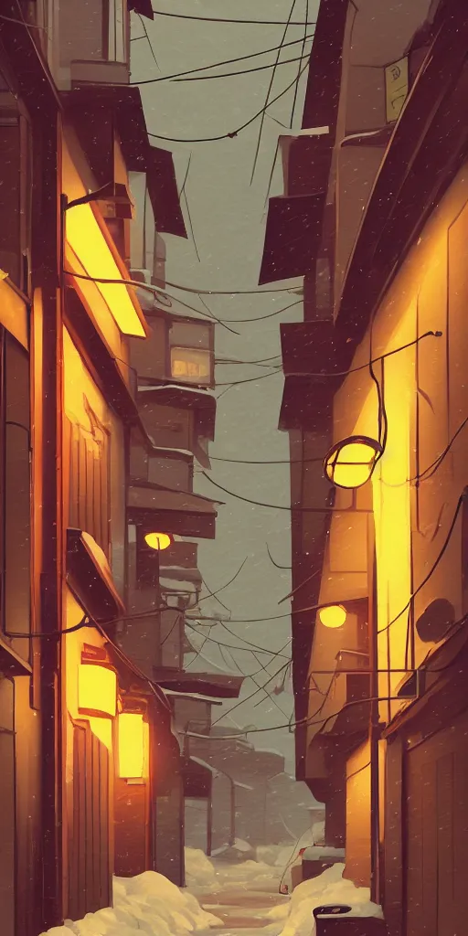 Image similar to tokyo alleyway, snowy day, lights, by cory loftis, makoto shinkai, hasui kawase, james gilleard, beautiful, serene, peaceful, lonely, golden curve composition