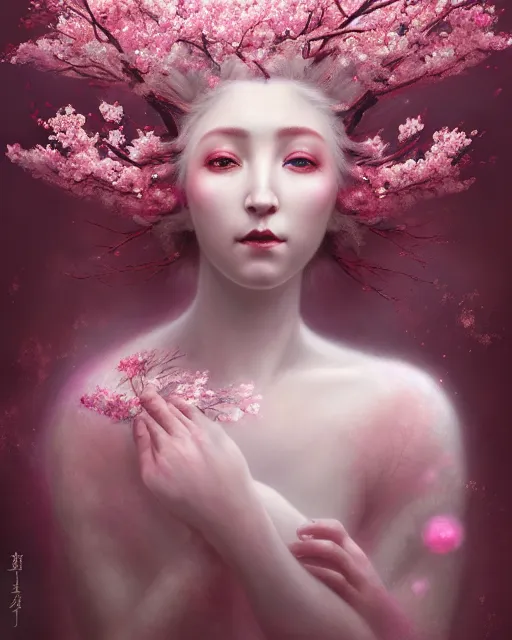 Image similar to Full View Portrait Mystical ethereal Cherry Tree deity made of Sakura blossoms wearing beautiful dress, Sakura Dryad made of Sakura beautiful dress with pink hair, 4k digital masterpiece by Tom Bagshaw and Alberto Seveso, in the style of Ruan Jia, fantasycore, Hyperdetailed, realistic oil on linen, soft lighting, Iconography background, featured on Artstation