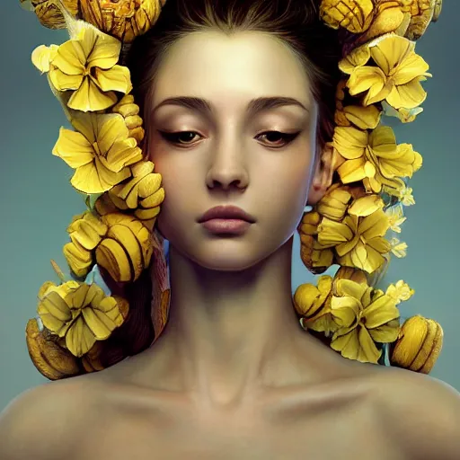 Image similar to the portrait of an absurdly beautiful, graceful, elegant young woman made of bananas and petals looking down, an ultrafine detailed illustration by kim jung gi, irakli nadar, intricate linework, bright colors, octopath traveler, final fantasy, angular, unreal engine 5 highly rendered, global illumination, radiant light, detailed and intricate environment