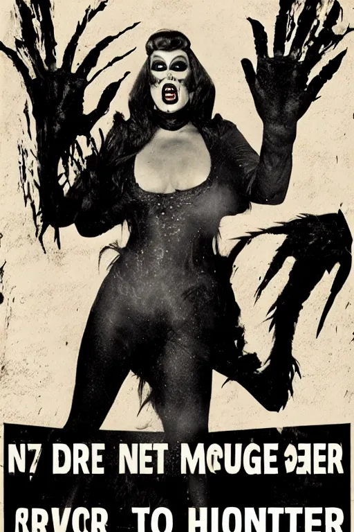 Prompt: drag queen monster vintage horror movie poster