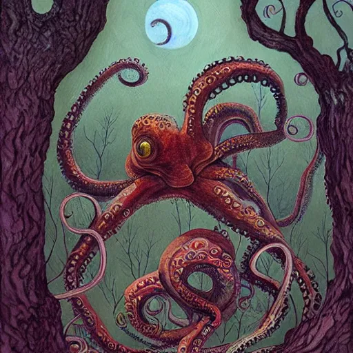 Image similar to a painting of an octopus in the woods, a storybook illustration by Daniel Merriam, featured on deviantart, fantasy art, lovecraftian, storybook illustration, biomorphic