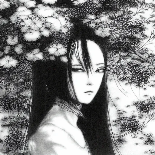 Image similar to a portrait of a character in a scenic environment by Yoshitaka Amano, black and white, dreamy, dark eyes