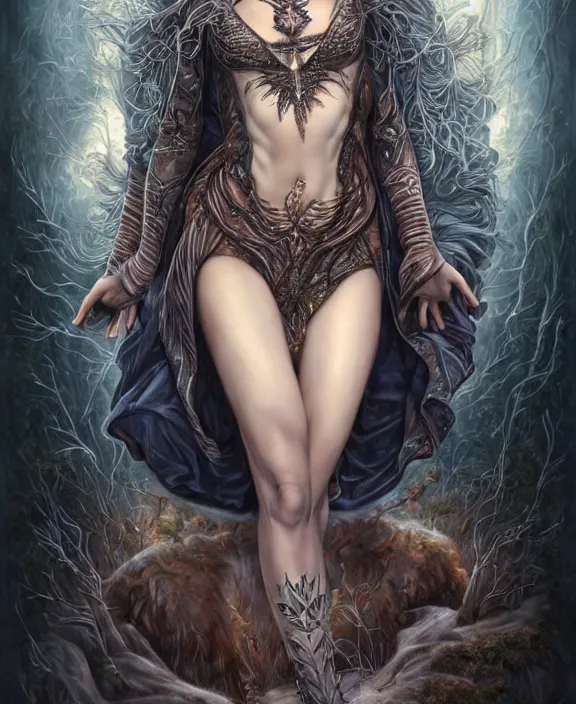 Image similar to a highly detailed symmetrical full body shot painting of a sorceress with piercing beautiful eyes, spring tundra setting, dynamic lighting, ambient lighting, deviantart, art by mark brooks and artgerm and karol bak