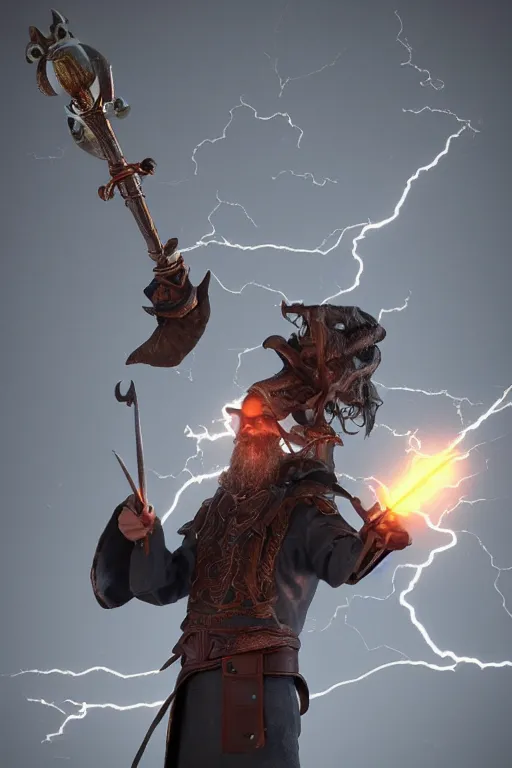 Image similar to wizard holding a sword that’s getting shocked by lightning towards the sky, octane, trending on artstation, cinema 4d, highly detailed