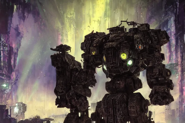 Image similar to ink acid shadow mech warrior, painted by erol otus and david thierree and dan adkins and john berkey, trending on artstation, volumetric lighting macro view muted colors, iridescent colors, dark academia, symbolism, brushwork