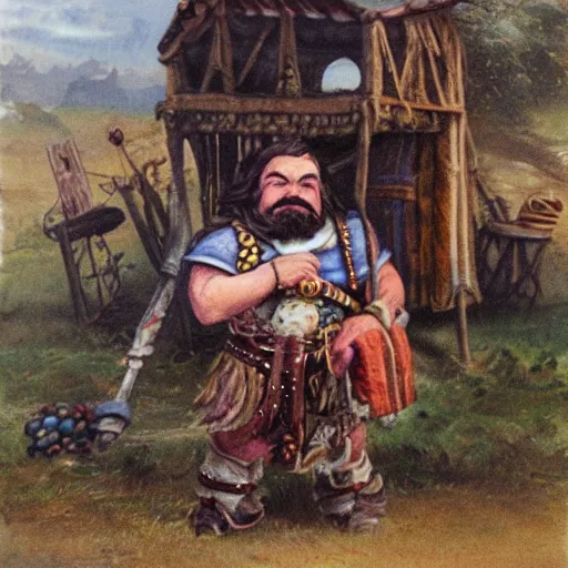 Prompt: Dwarf baron in a gypsy camp