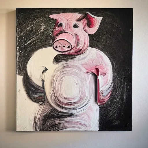 Prompt: “a portrait in an art student’s apartment, recursive pig paintings on the wall, pork, ikebana white flowers, white wax, squashed berries, acrylic and spray paint and oilstick on canvas, by munch and Dali”