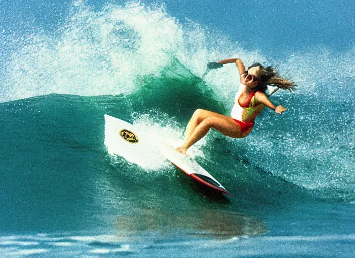 Image similar to color photo of a shark fin in water. surfergirl riding a wave in the 8 0's