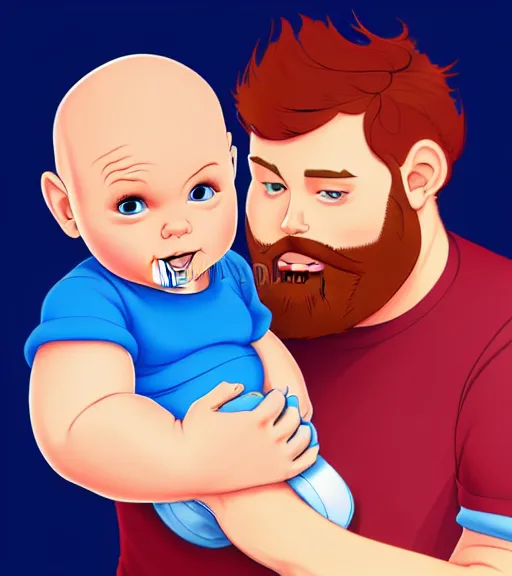 Image similar to a father with short red hair, a short red beard and blue eyes and a chubby face hold his infant baby boy with bald brown hair full color digital illustration in the style of don bluth, artgerm, artstation trending, 4 k