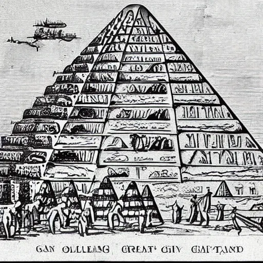 Image similar to an old journal page with a rich illustration of aliens building the Great Pyramid of Giza