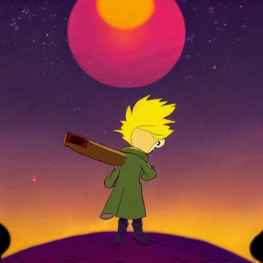 Image similar to the little prince, fox, sunset, gorillaz art style