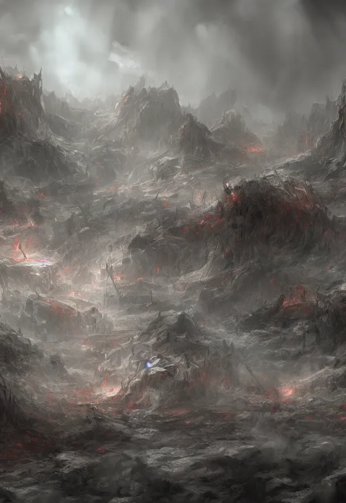 Image similar to landscape of hell with people suffering and ghost, digital art, concept art, deviantart. highly detailed